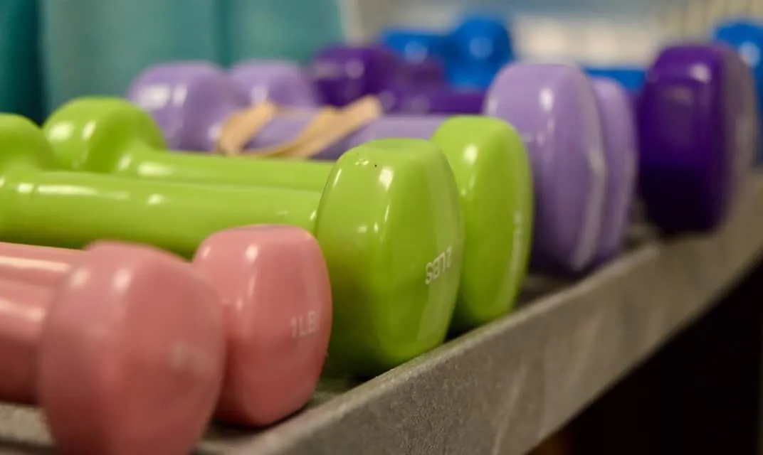 Hand weights lined up on a rack